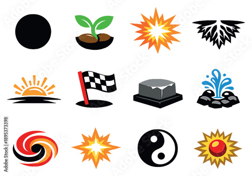 Origins beginnings and source flat vector icons in bold style: origin point dot, seed sprout, first spark, root system, sunrise horizon, starting line flag. Vector icons