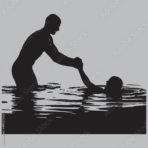 heroic water rescue silhouette vector design art and illustration