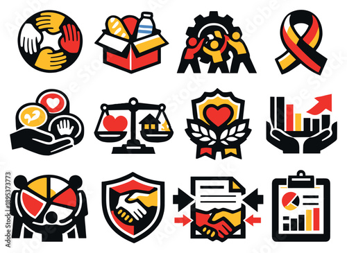 Collective and Social Sacrifice in bold style: community hands circle, shared resources box, collective effort gear, unity ribbon, contribution tokens, common. Vector icons