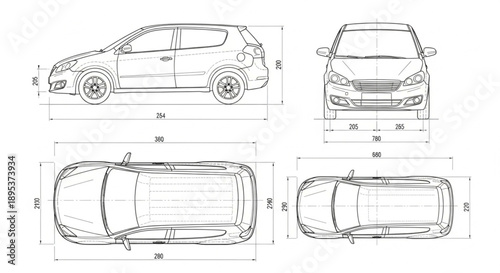 Car blueprint technical drawing with dimensions.