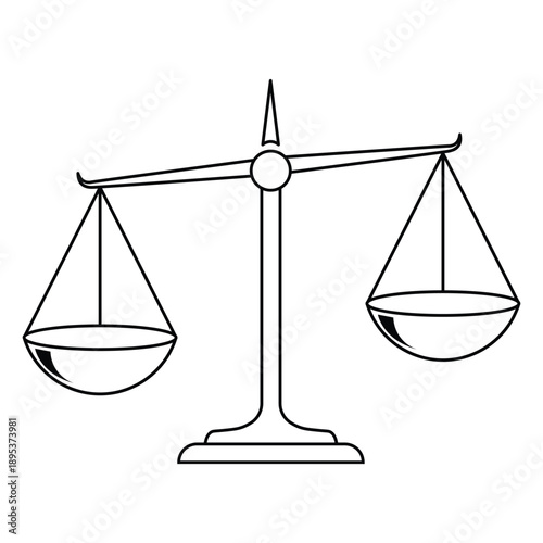 Unbalanced scales of justice line art drawing in black and white isolated on white background