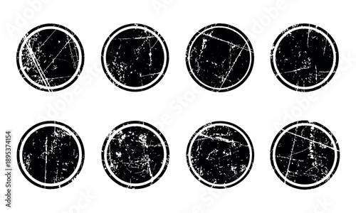 Black grunge circular stamp texture with distressed ink edges and grainy vintage border for organic label and badge design
