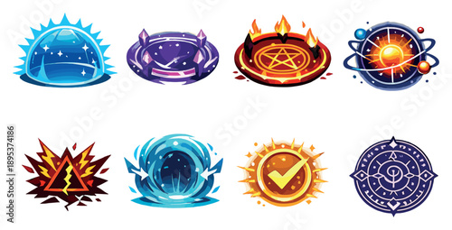 Protective and ritual functions in flat style: warding barrier, containment circle, summoning boundary, spell amplification icon, disruption warning, release. Vector icons