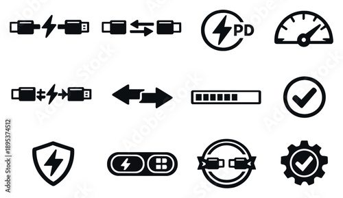 Charging and data transfer cable functions vector icons in outline style: fast charging cable, data sync cable, power delivery symbol, charging speed gauge. Vector icons