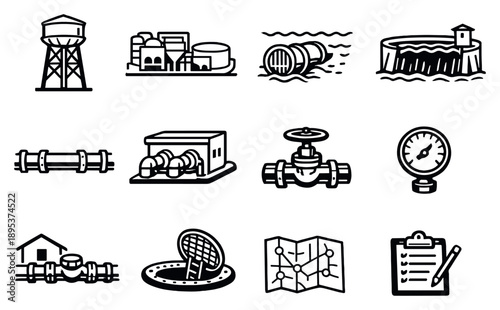Local Water Supply Services Infrastructure in outline style: water tower, treatment plant, intake pipe, storage reservoir, distribution main, pump station. Vector icons