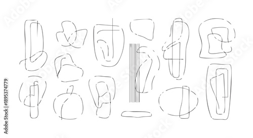 Collection of abstract shapes and forms in a minimalist line art composition on a clean background from a straightforward viewpoint