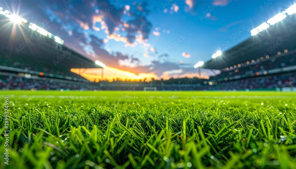 Fototapeta premium Low Angle Close-Up of Green Grass in a Professional Sports Stadium at Sunset