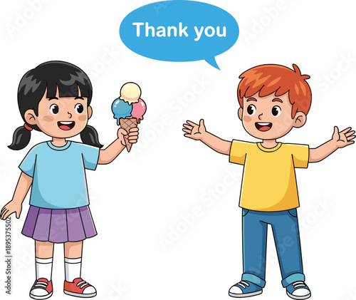 Cute kids sharing ice cream illustration, children friendship concept, saying thank you, happy cartoon characters, kindness gesture, flat vector design