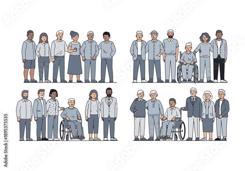 Diverse group of people representing various ages and abilities standing together in a collection of illustrative scenes for varied backgrounds and