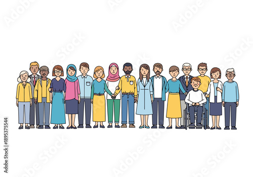 Diverse Group Of People Standing Together Representing Community And Humanity In Simple Cartoon Style Artwork Background