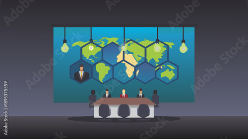 Global business team discussing strategies in modern conference room