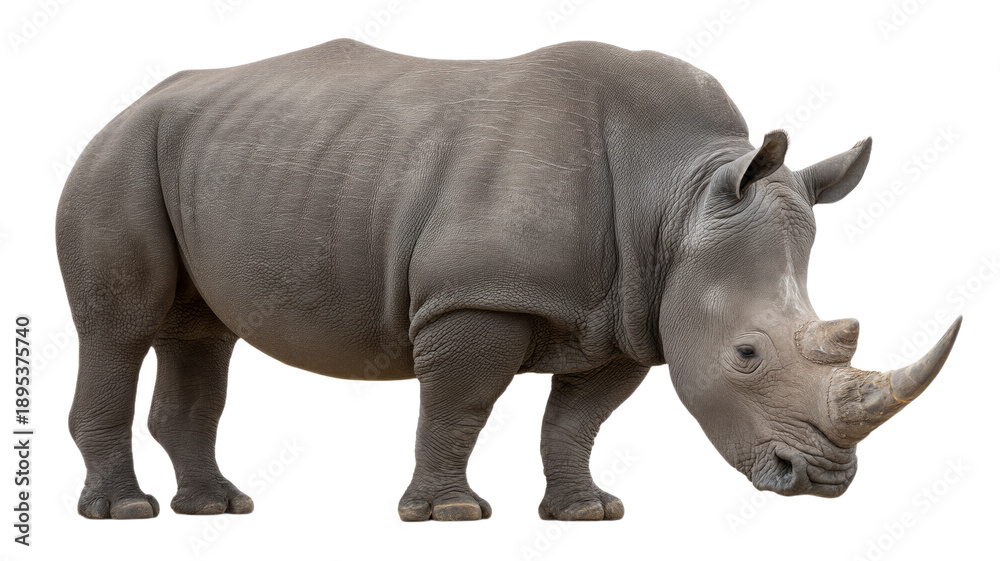 Fototapeta premium Majestic rhino standing profile with powerful horns in natural habitat