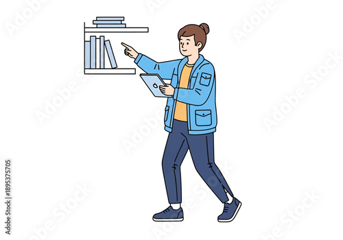 Person browsing digital library or online catalog on a tablet while selecting a book from a shelf for research or education concepts