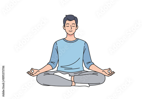 Male meditating peacefully in lotus position on white background with eyes closed promoting wellness calm and balance