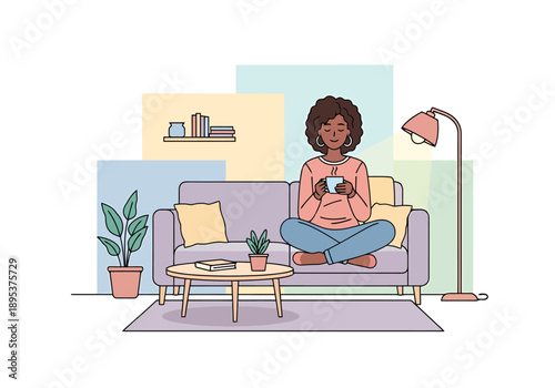 Young woman relaxing comfortably on a sofa at home holding a mug in a cozy living room with plants and warm lighting