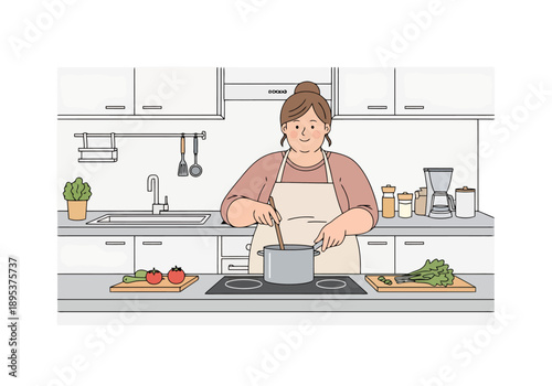 Woman Cooking Healthy Meal In A Modern Kitchen With Fresh Ingredients On Countertop Preparing Food At Stove Top With Utensil Stirring Pot