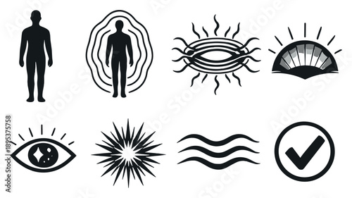 Aura reading concept overview in outline style: human silhouette, radiant aura layers, energy field waves, color spectrum glow, intuitive eye, spiritual insight. Vector icons