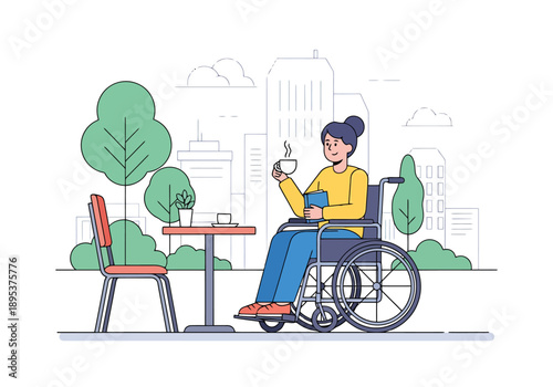 Woman enjoying a coffee break in a wheelchair at an outdoor table with a city park background a peaceful urban moment of relaxation and independence
