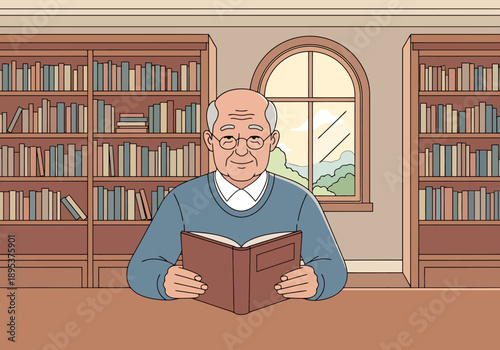 Senior Man Reading Book In Library Surrounded By Bookshelves With Natural Light Coming Through Window