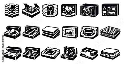 Packing Foam for Fragile Items in bold style: fragile item foam, delicate packaging, glass protection foam, breakable item foam, foam block insert, custom foam. Vector icons