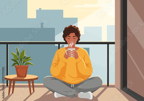 Young person enjoys a warm beverage on apartment balcony at sunrise with sunlight casting shadows across floor creating peaceful morning moment