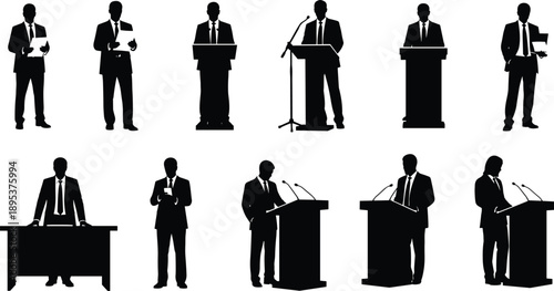 Business speaker silhouettes set, politicians executives giving speeches at podiums, conference presentation concept, black white vector illustration, isolated professional collection