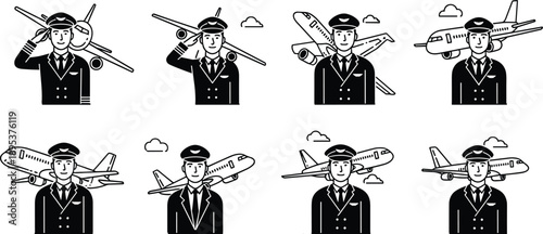 Airline pilot character illustrations with commercial airplane backgrounds showing aviation profession, flight crew uniforms, and travel industry concepts in clean black outline vector style