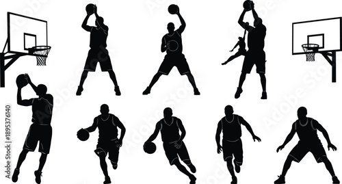 Basketball player silhouettes set showing dunking, dribbling, shooting actions with hoops, dynamic sport poses isolated on white background