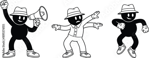 Black and white cartoon character set showing expressive people with hats making announcements, dancing, and reacting isolated on white background illustration
