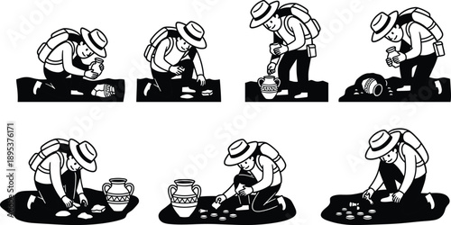 Archaeologist excavation process illustrations showing artifact discovery, careful digging, pottery finding, and field research workflow in clean black outline vector style