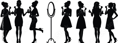 Beauty and makeup silhouettes showing women applying cosmetics, holding brushes and products, mirror reflection, and elegant feminine grooming poses in black vector style