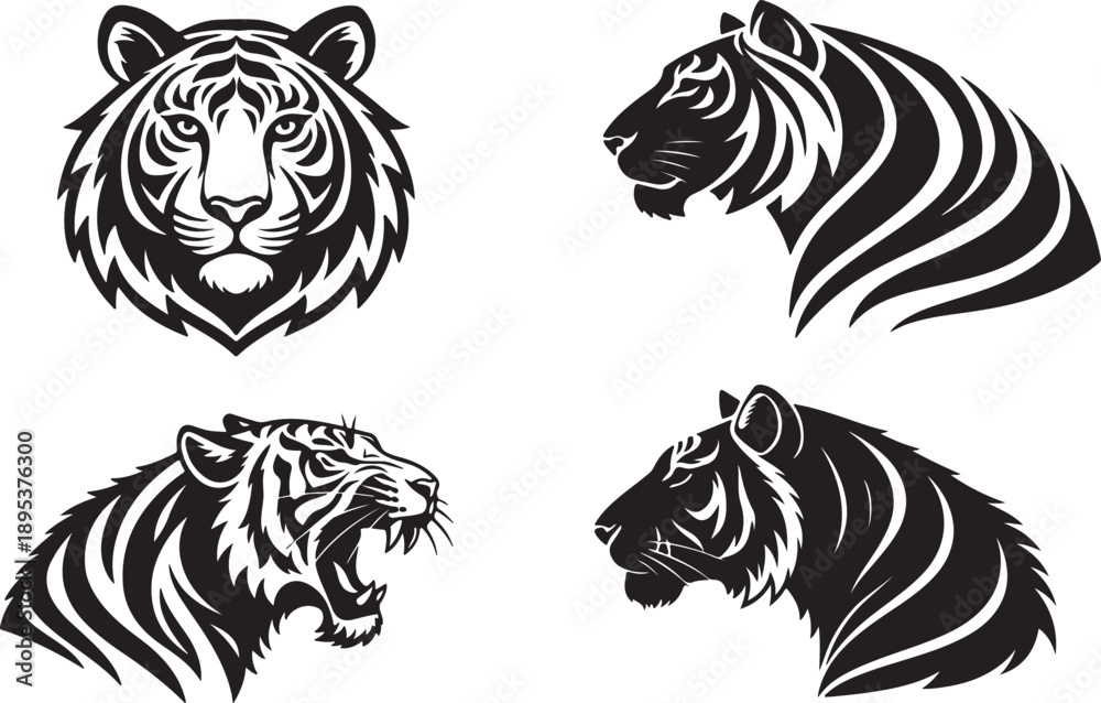 Fototapeta premium Set of fierce tiger head vector illustrations in a bold tribal style