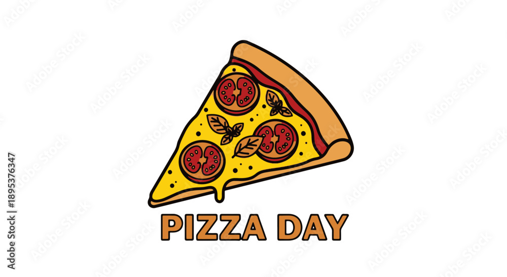 Fototapeta premium Tasty Pizza Slice with Delicious Melted Cheese, Fresh Tomatoes, Basil, and Text for a Fun Pizza Day Celebration