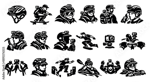 Helmet Cams for Sports and Recreation in outline style: bike helmet camera, skateboarding cam, snow sports camera, hiking helmet cam, trekking video, helmet cam. Vector icons