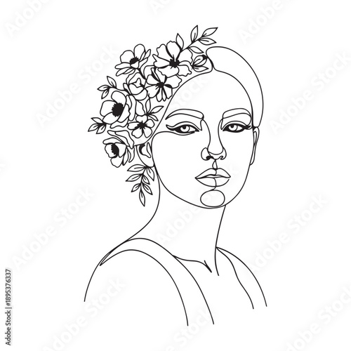 Mental Health Self-Care Woman One-Line Portrait - Wellness Mindfulness Black White Line Art