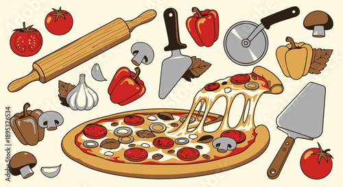 Delicious Pizza with Fresh Ingredients, Cooking Tools, and a Gooey Cheese Pull for Culinary Designs