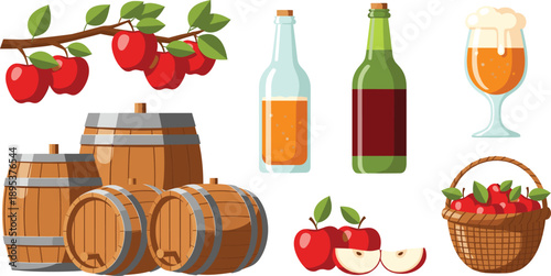Apple Harvest and Cider Production Set with Barrels, Bottles, Fresh Apples and Juice Illustration