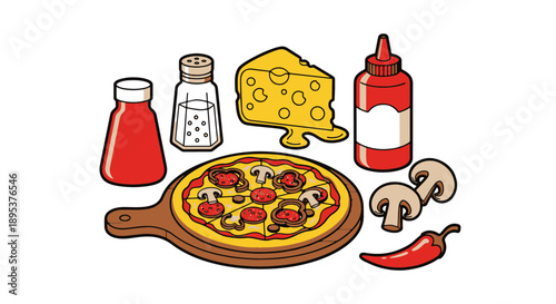 Classic Italian Pepperoni Pizza with Mushrooms, Melting Cheese, Chili, and Seasoning Spices