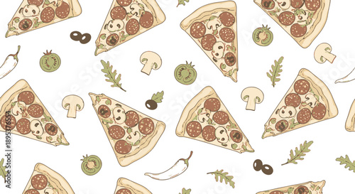 Seamless Food Pattern with Various Pizza Slices, Pepperoni, Mushrooms, Olives, and Fresh Vegetables for Design