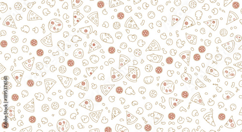 Stylized Black Seamless Pattern Featuring Various Outline Pizza Slices, Whole Pepperoni Pizzas, and Mushrooms
