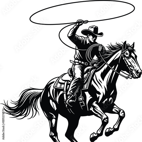 Cowboy riding horse illustration, western rodeo action, lasso swinging, black and white vector art, ranch lifestyle, American wild west