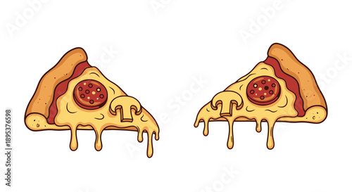 Cartoon Pepperoni and Mushroom Pizza Slices with Melting Cheese on a Black Background