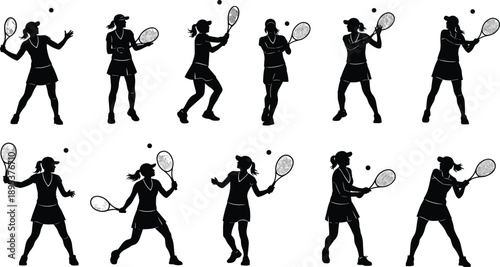  Female tennis player silhouette set performing forehand and backhand strokes, professional athlete action poses, dynamic sports motion, isolated black vector illustration on white background