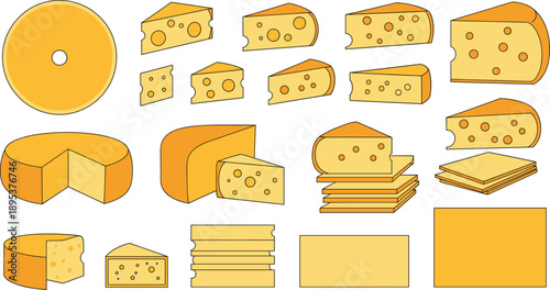 Assorted Cheese Collection with Wheels, Blocks, Slices and Wedges Isolated on White Background Vector Illustration