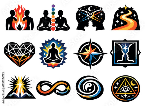 Spiritual and Destiny Soulmates in bold style: twin flames, aligned chakras, cosmic connection lines, starlit path, sacred geometry heart, energy aura, fate. Vector icons