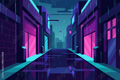 Cyberpunk Alleyway With Neon Signs And Rain Reflections