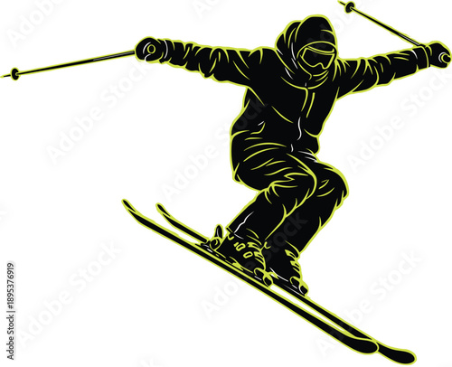  Extreme freestyle skiing silhouette jumping in mid air, winter sport athlete performing aerial trick with ski poles, dynamic motion, neon outline vector illustration
