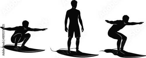  Surfer silhouette set riding ocean waves, surfing balance stances and riding poses, extreme water sport action, minimal black vector illustration collection