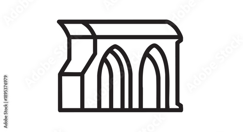Simplified line drawing of an architectural structure with arches and a roof from a frontal viewpoint