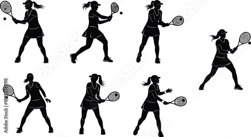  Female tennis player silhouette action set, forehand backhand and serve poses, professional athletic movements, dynamic racket sport gameplay, black vector illustration